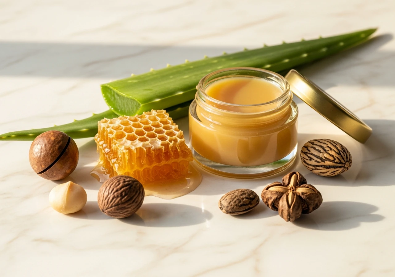 Ingredientes naturales para cuidado de labios: bálsamo botánico, aloe vera y miel