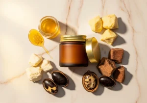 Bálsamo labial natural con ingredientes botánicos sobre fondo mármol claro