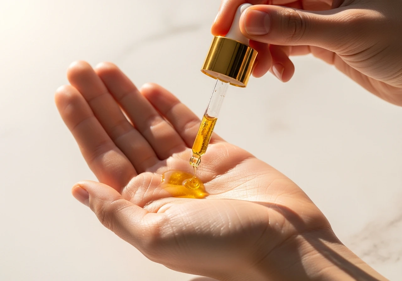 Aplicación de gotas de aceite de cacay en rutina facial para piel madura