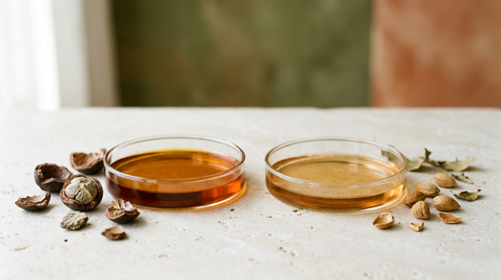 Comparativa de aceite de cacay y aceite de argán en dos recipientes de vidrio con nueces botánicas