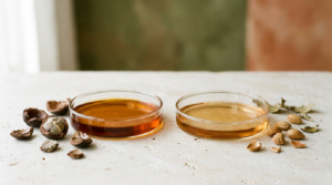 Comparativa de aceite de cacay y aceite de argán en dos recipientes de vidrio con nueces botánicas