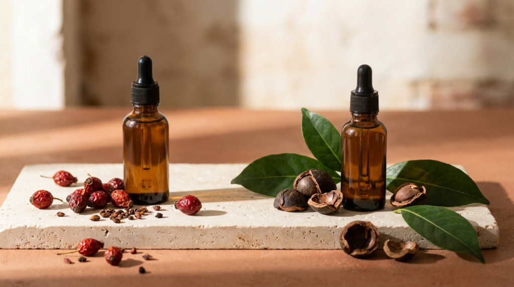 Aceite de cacay vs rosa mosqueta: dos frascos de aceite facial con nueces de cacay y frutos de rosa mosqueta
