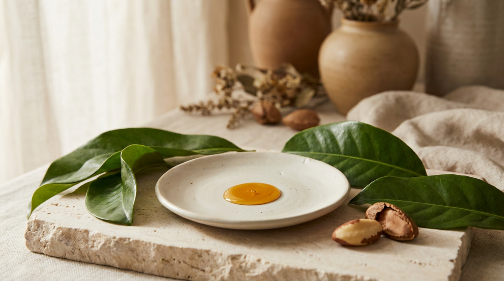 Aceite botánico rico en vitamina A natural, alternativa natural al retinol, sobre hojas verdes y nueces