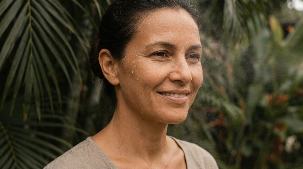 Rostro de mujer con gotas de humedad en la piel bajo luz natural, clima húmedo colombiano