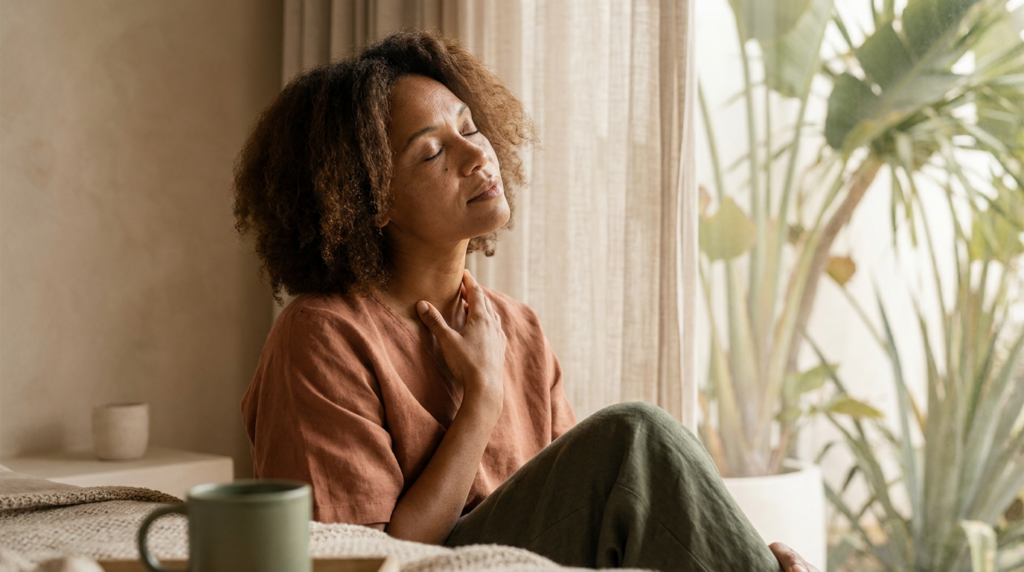 Mujer de piel madura en calma junto a una ventana, con luz natural suave