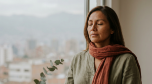 Mujer junto a la ventana con la ciudad al fondo: cómo proteger la piel de la contaminación