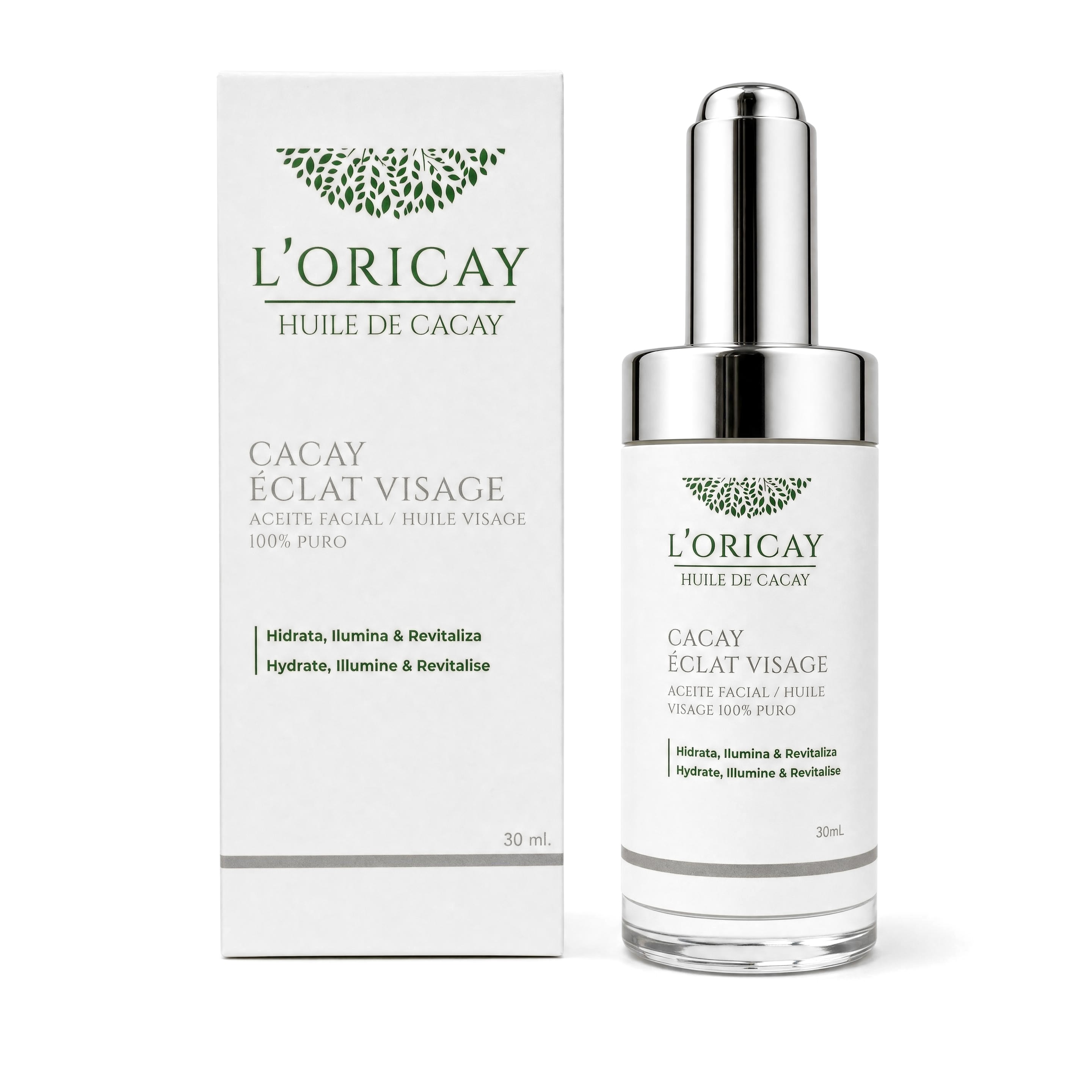 Frasco y caja del Aceite de Cacay Premium de L'ORICAY de 30 ml
