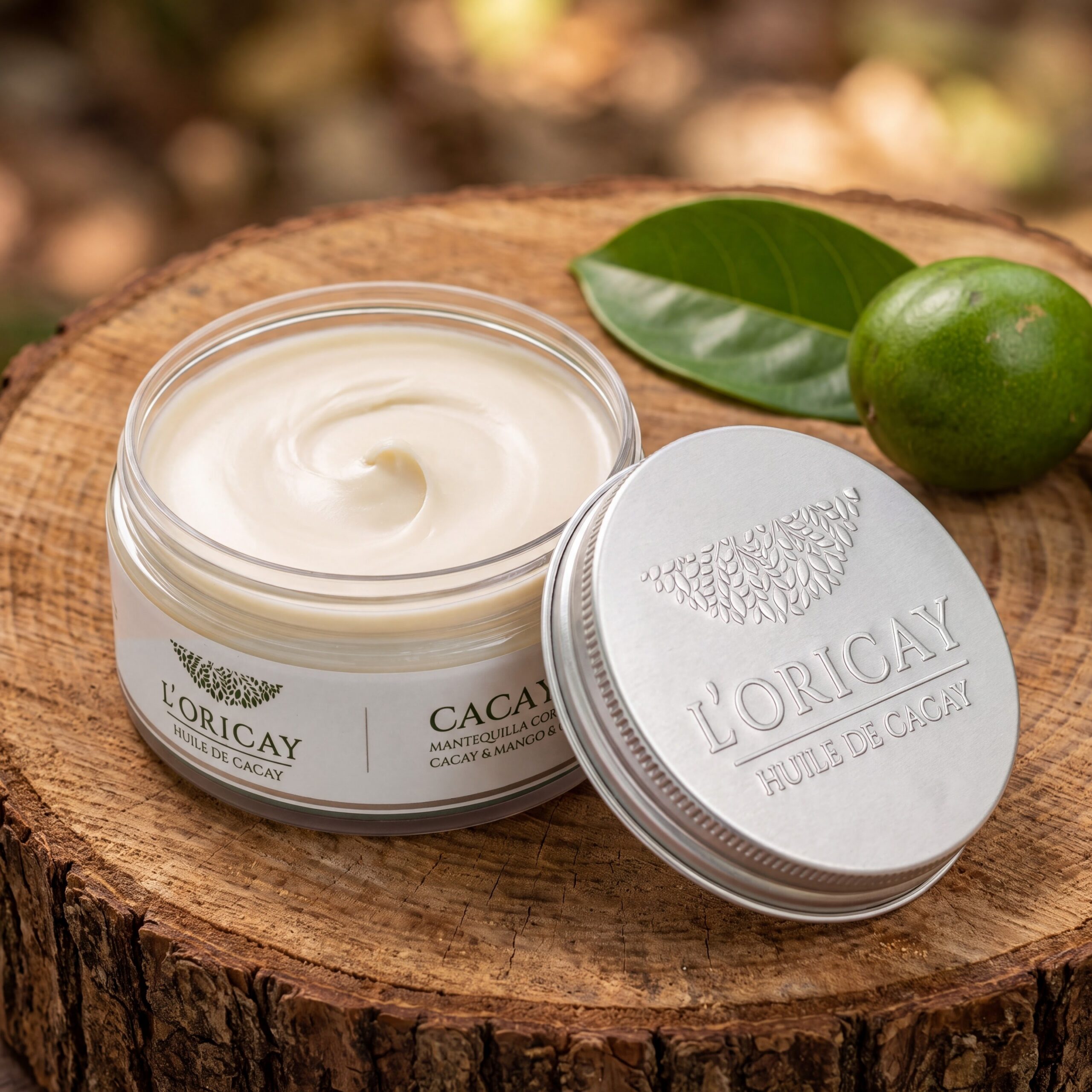 Cacay Body Butter abierta: textura cremada de la mantequilla corporal y tapa de aluminio con el logo en relieve