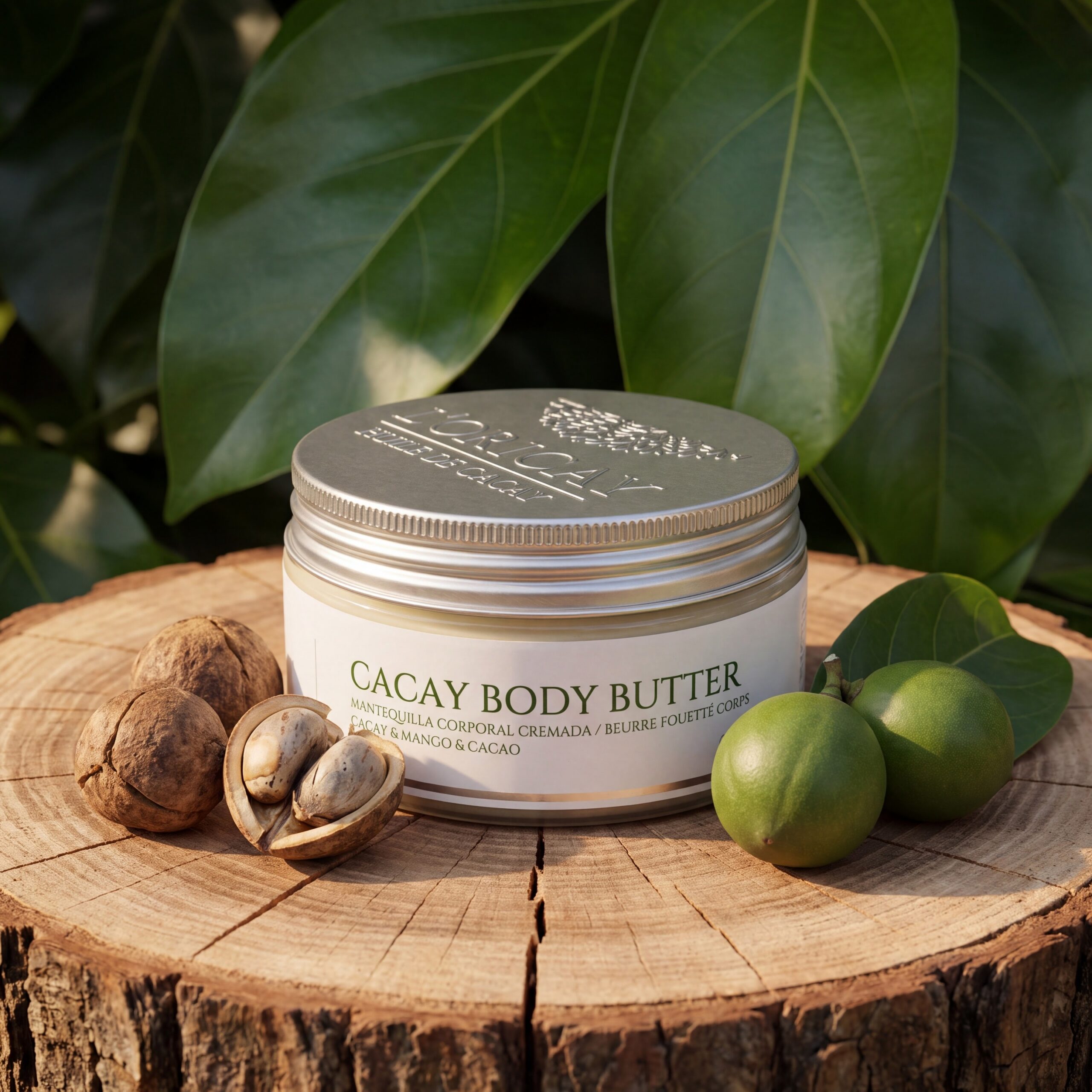 Cacay Body Butter sobre un tronco con nueces, almendras y frutos de cacay